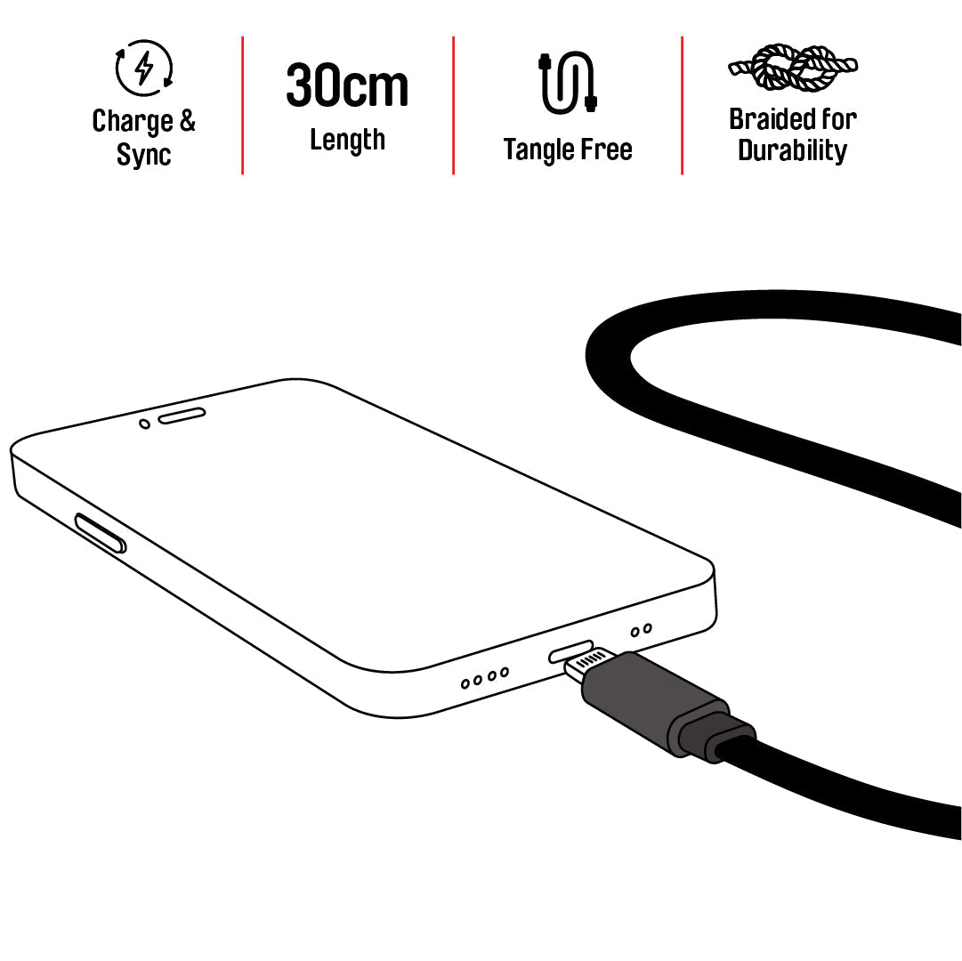 30cm Braided USB-A to Lightning Charge & Sync Cable with wooden style housing Illustrations