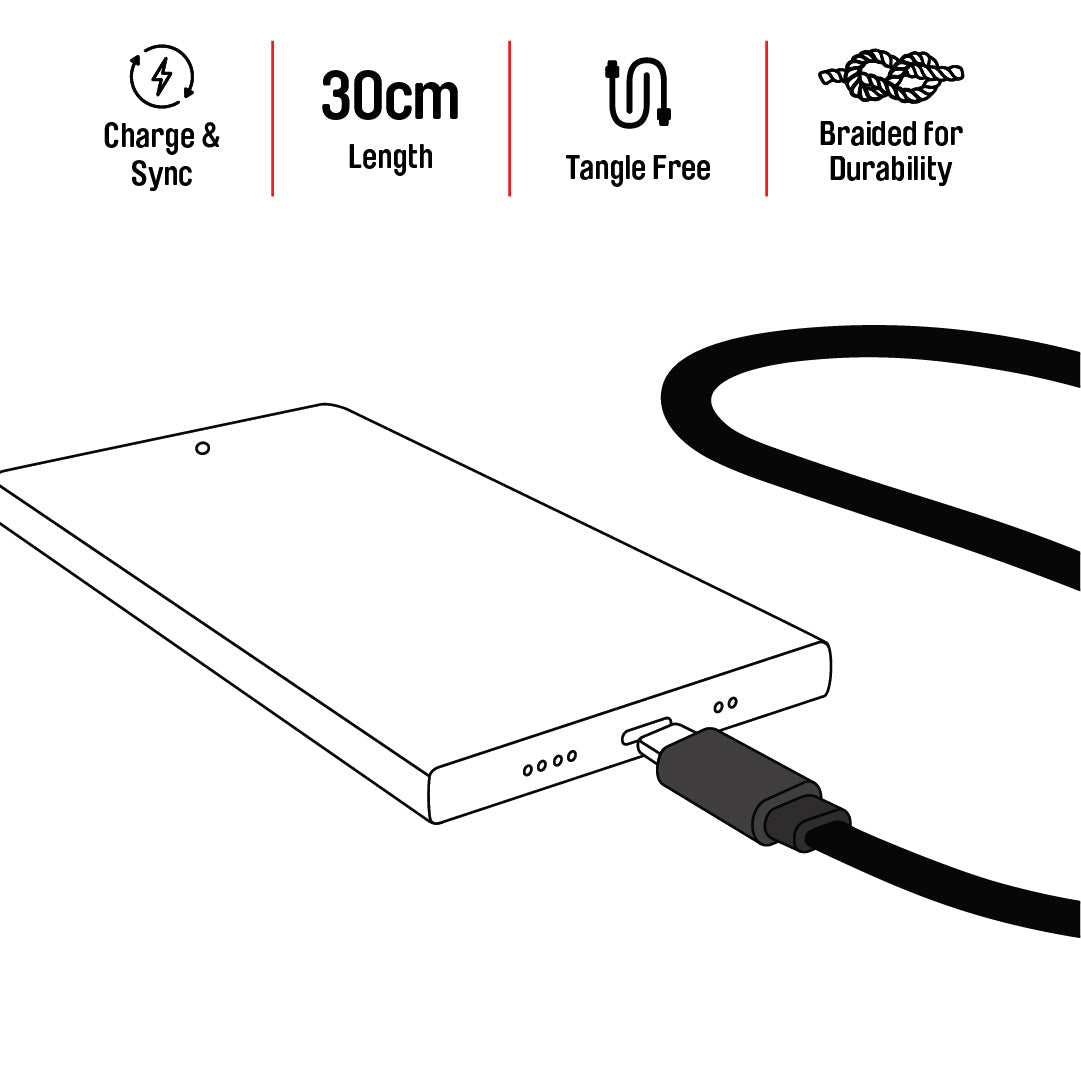 USB-C Cable Braided 30cm Black - Android Cable, Tangle Free Illustrations