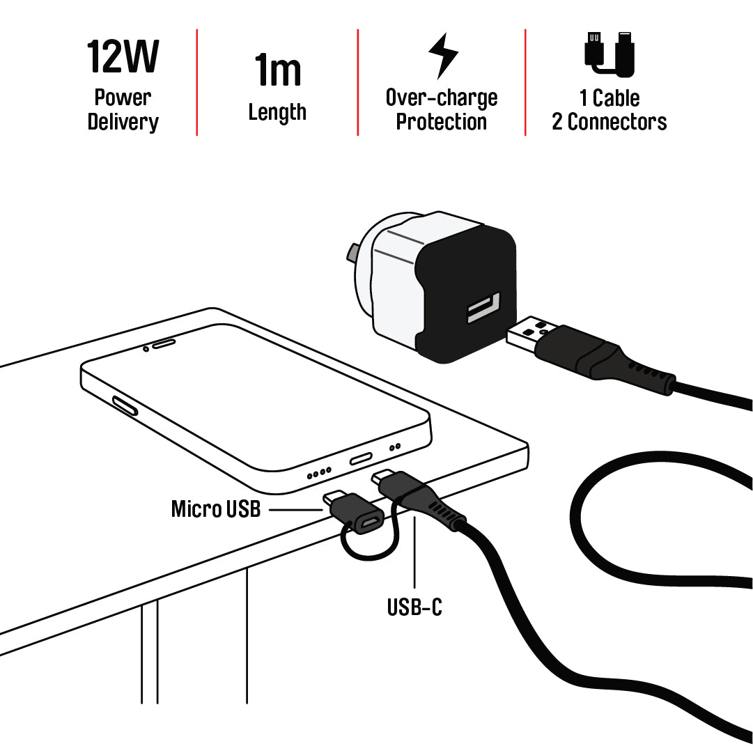 Wall Charger + 2in1 Charge & Sync Cable Illustration