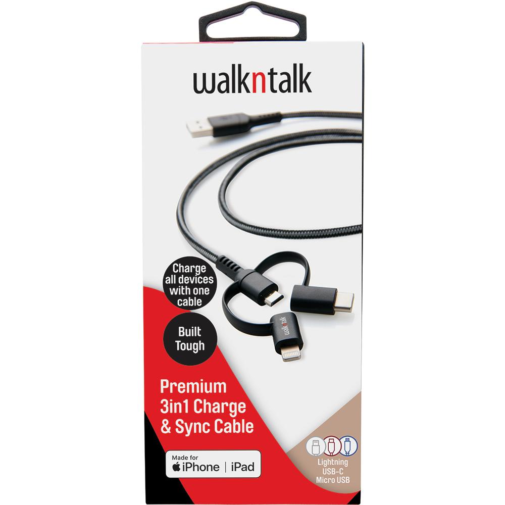 Lightning 1m Black - 3in1 Charge & Sync Cable, Tangle Free – WalknTalk