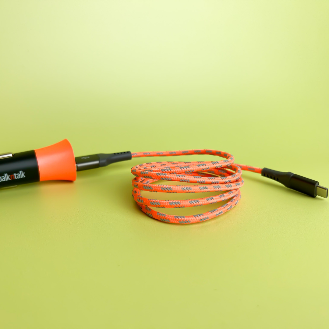 Hi Vis Car Charger Dual USB Orange plugged into a cable